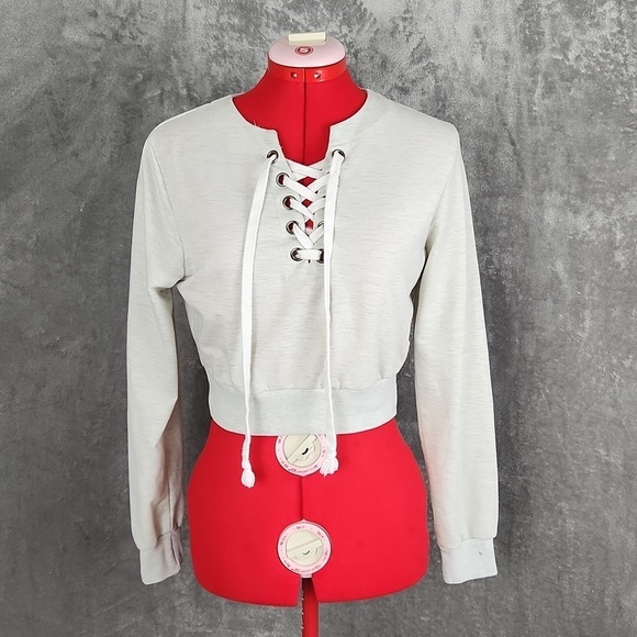 unbranded Sweaters - Women's Cream Lace-Up Cropped Sweatshirt Pullover Top Size M